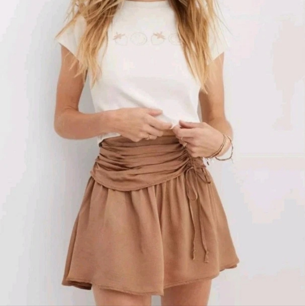 Aerie Uptown Mini Skirt Woman XL Pebbled Satin Mushroom Copper Smocked Waist New